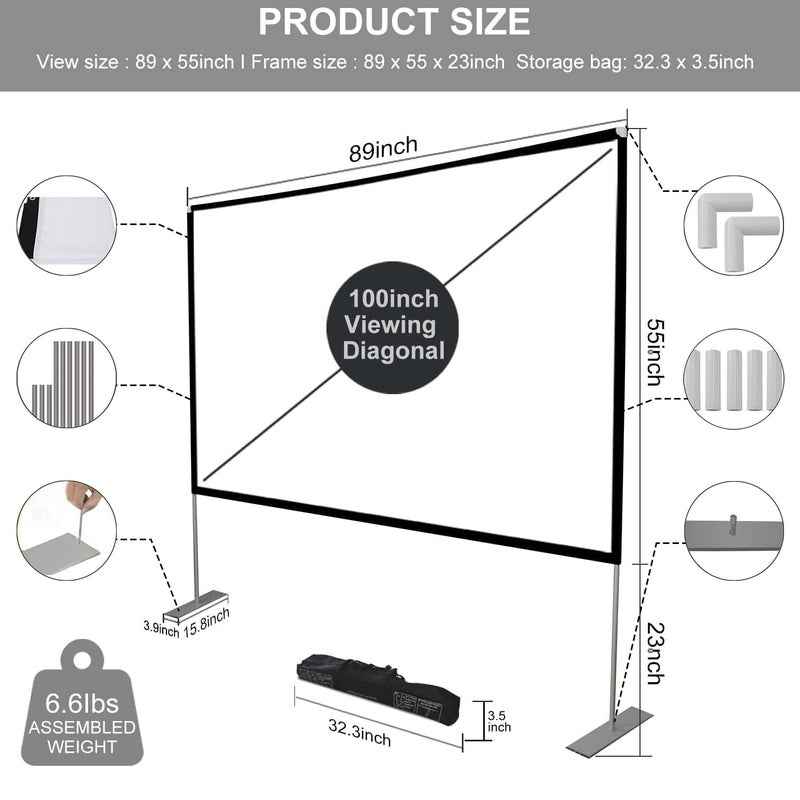 SKERELL Outdoor Projector Screen with Stand 100 Inch: Portable Projection Screen for Outside Theater Home Backyard Movies - Image 3